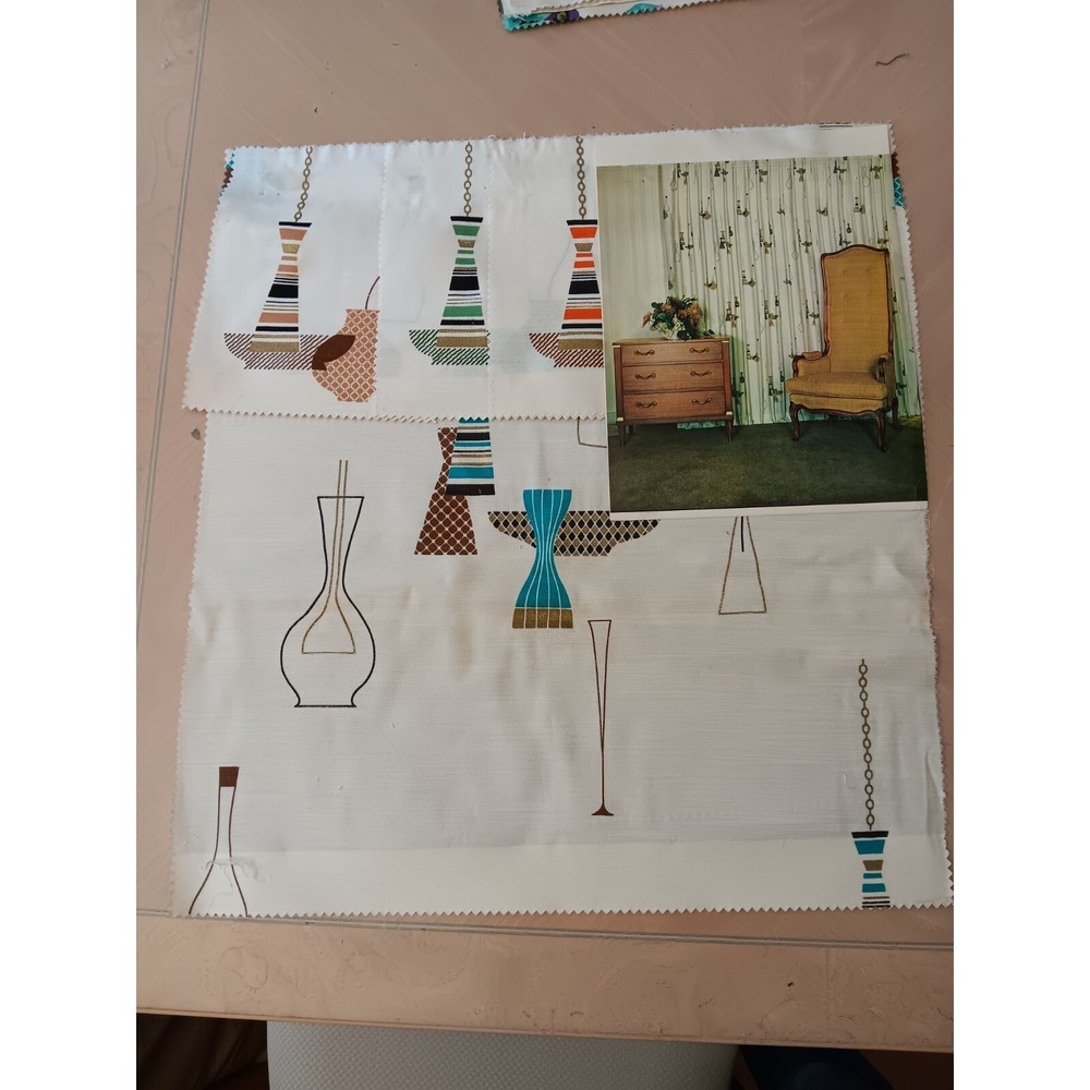 Vintage Mcm Hanging Lamp Vase Pattern Sampler Fabric